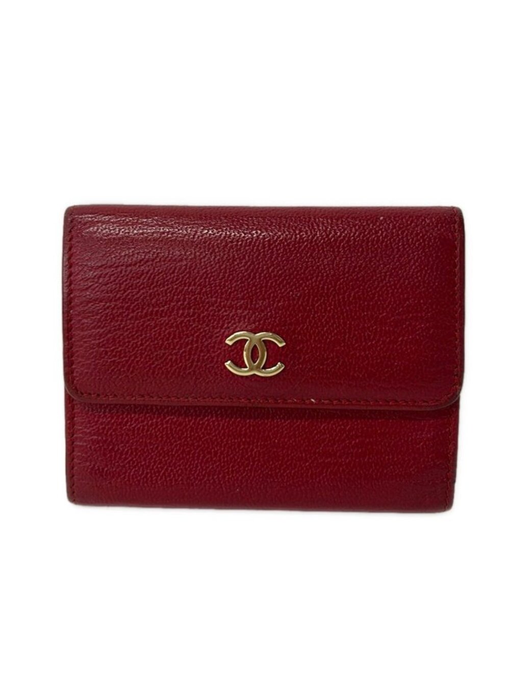 Chanel Trifold Wallet Red CC Logo Gold Leather